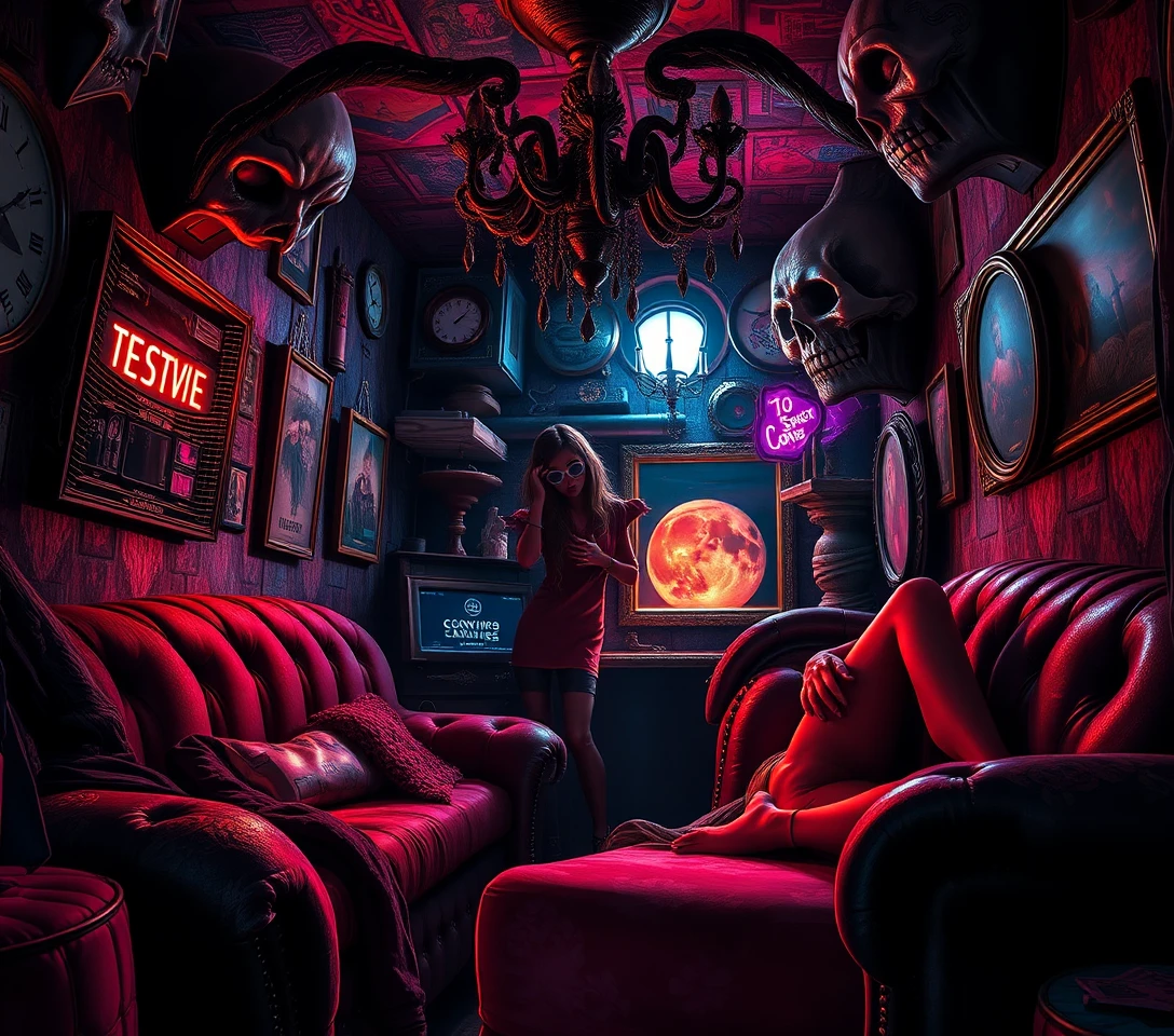 Surreal eerie scene blending sensuality comedy and dark mystery