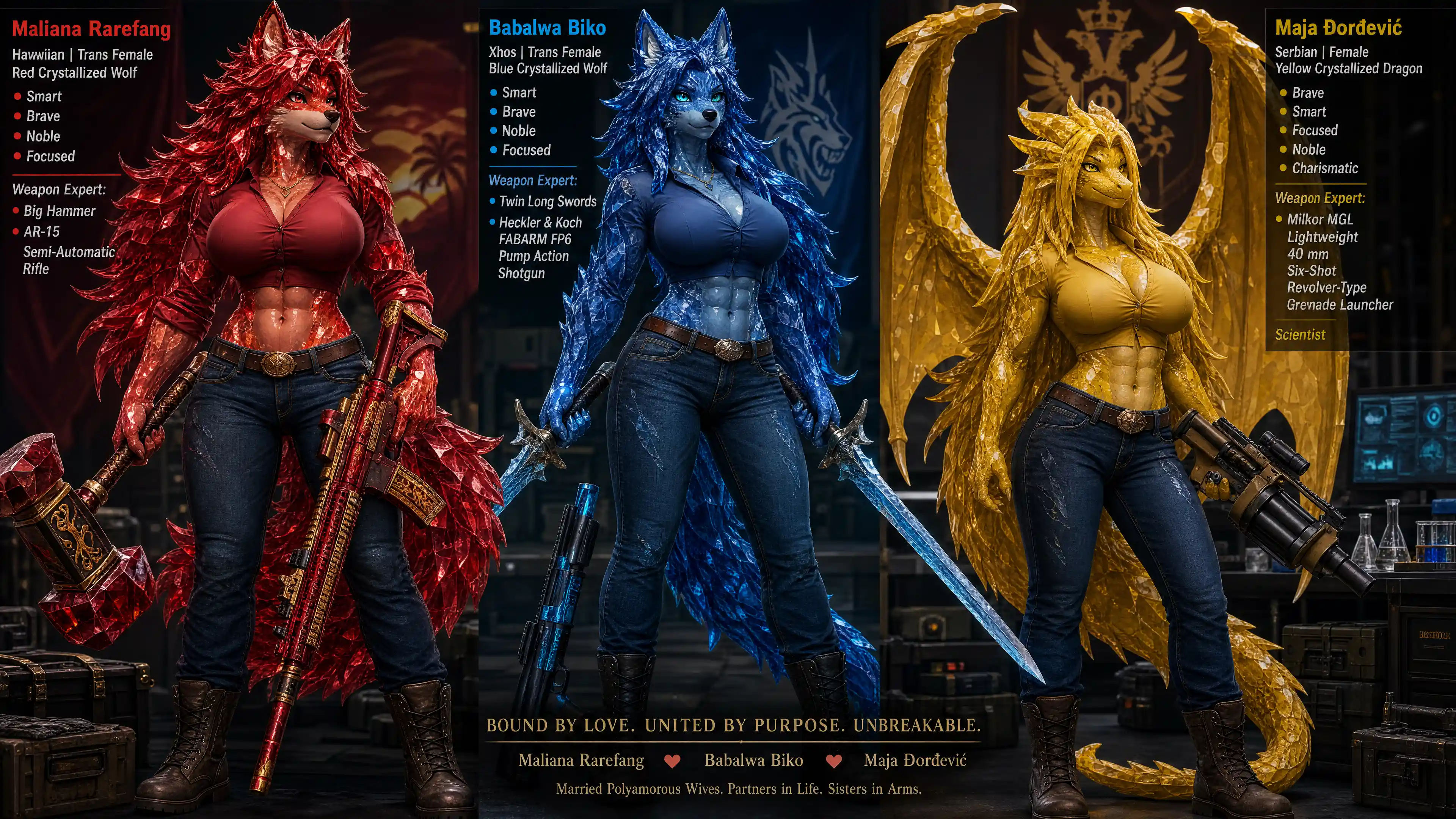 Crystallized red wolf warrior woman with rifle and hammer