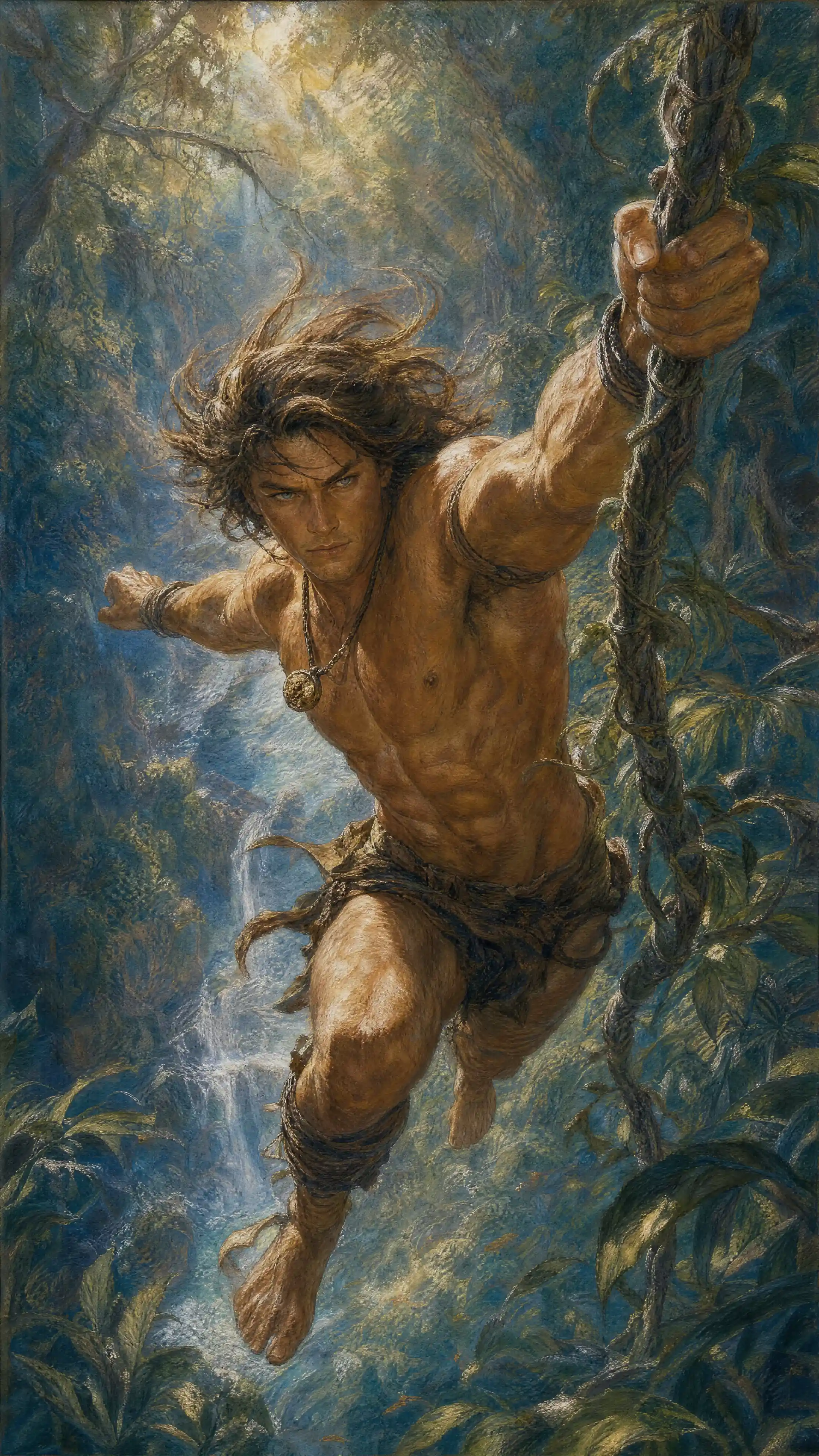 Pastel jungle warrior swinging on a vine in mid air