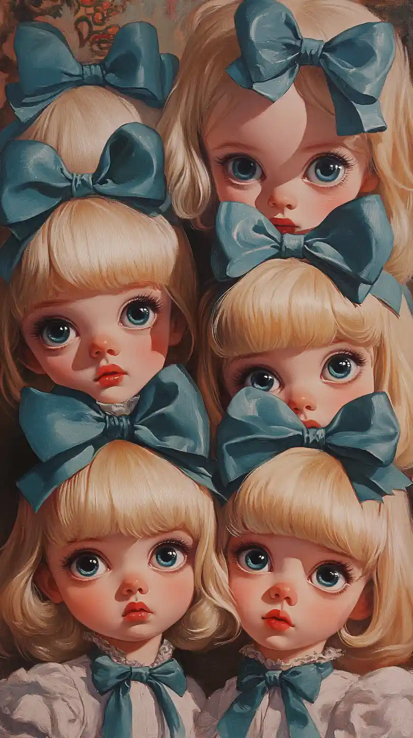 Four blonde doll like girls with big blue hair bows