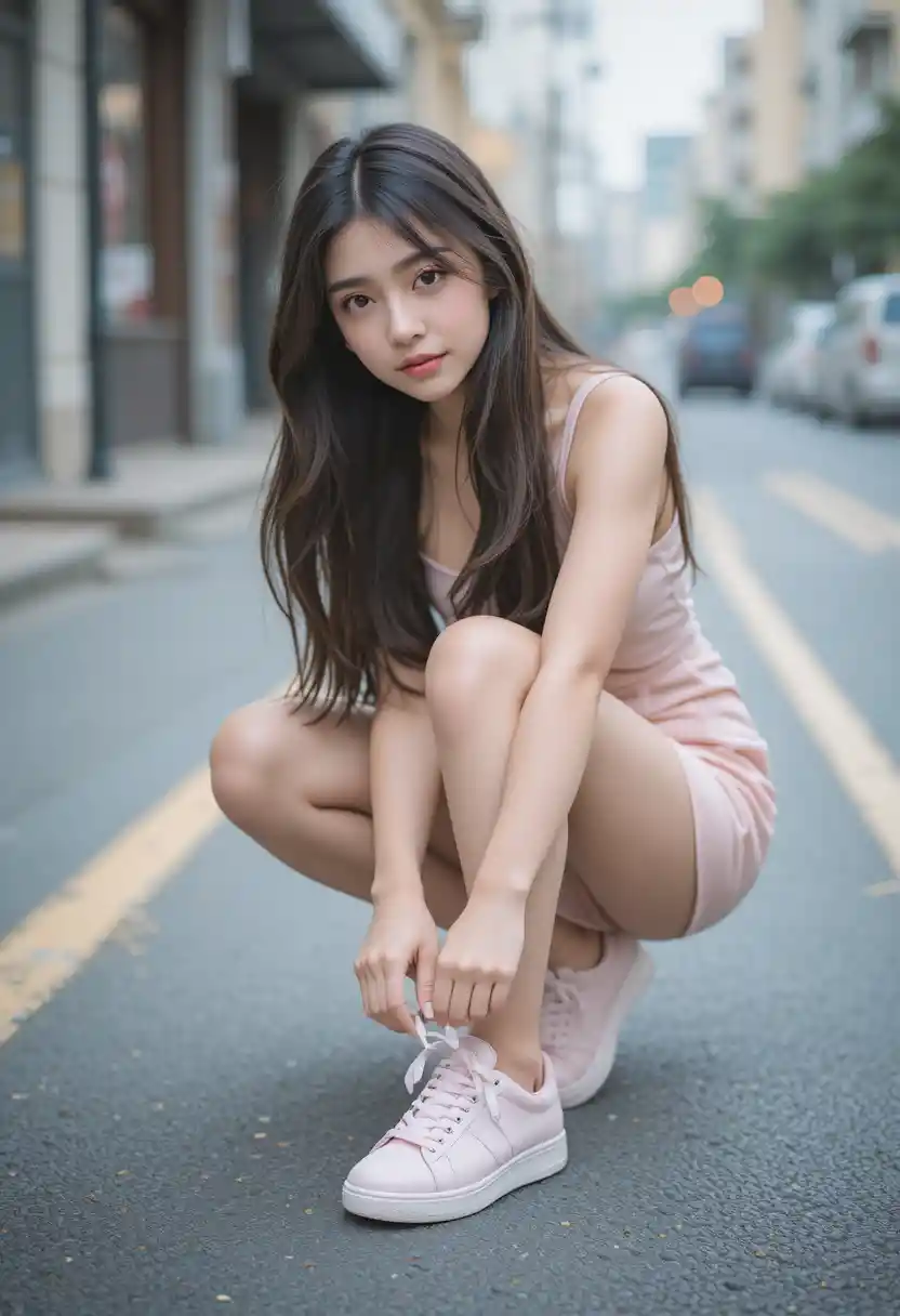 Asian woman tying pink sneakers on a city street
