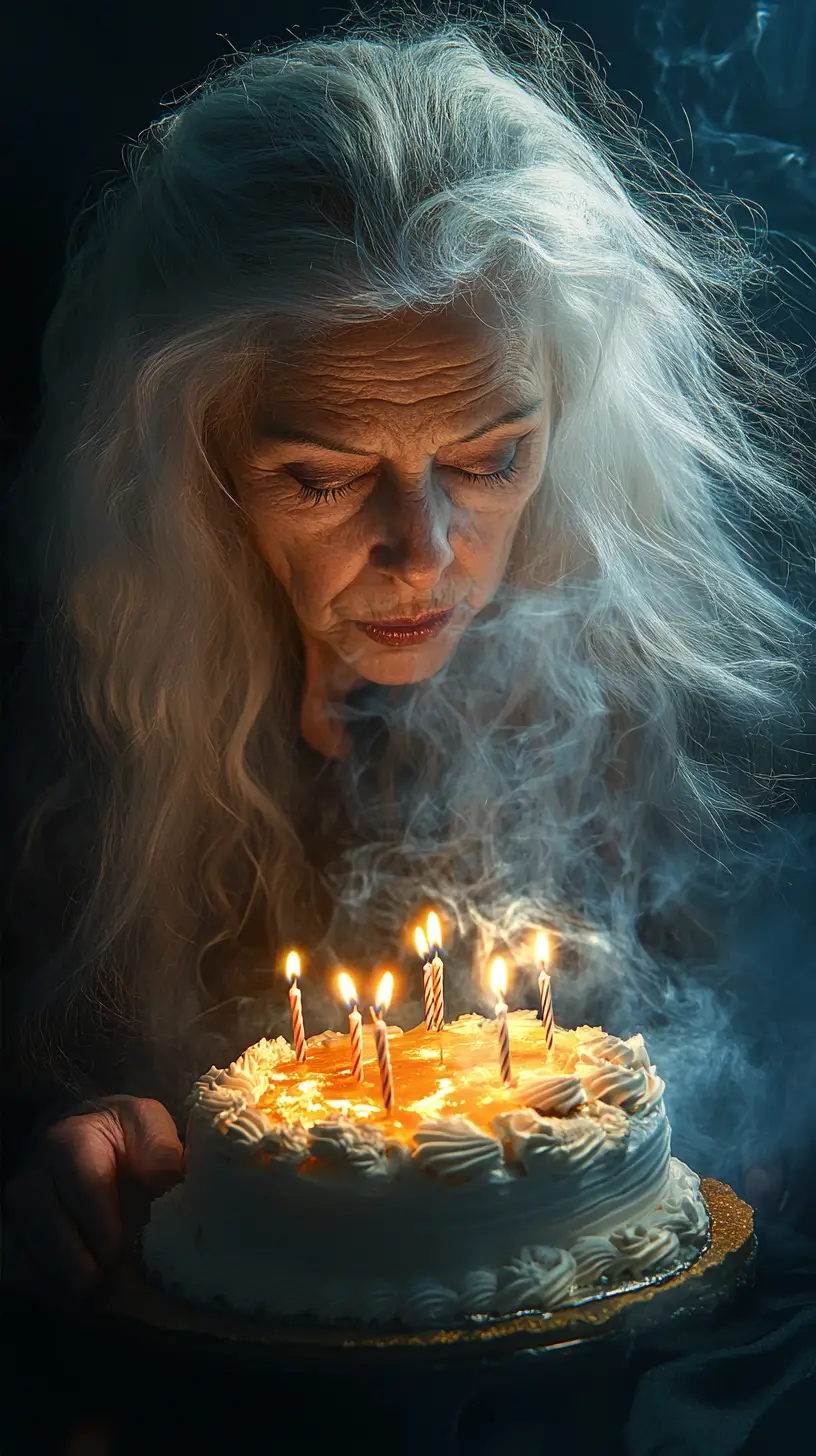 Elderly Woman Blowing Out Candles On A Birthday Cake