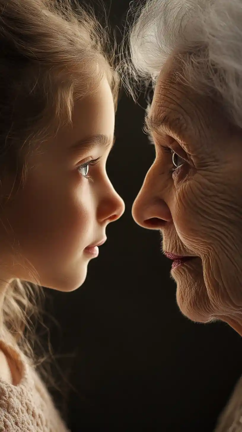 Young girl and elderly woman close face to face portrait