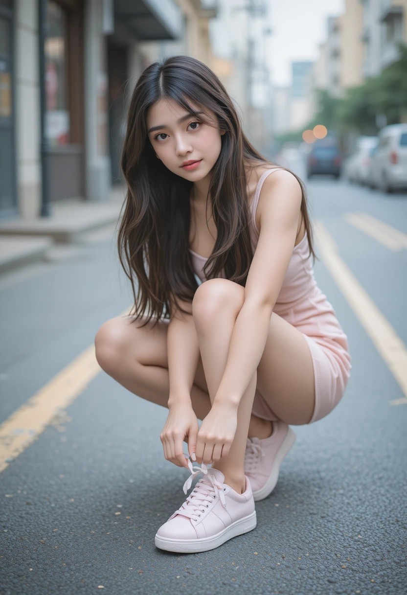 Asian woman tying pink sneakers on a city street