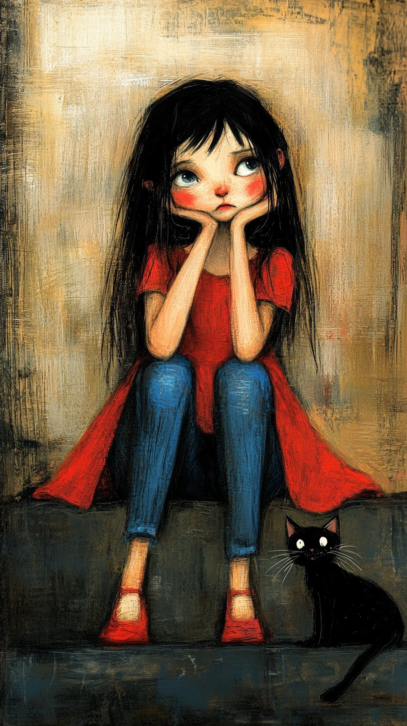 Sad girl in red dress with cat in sketchy illustration