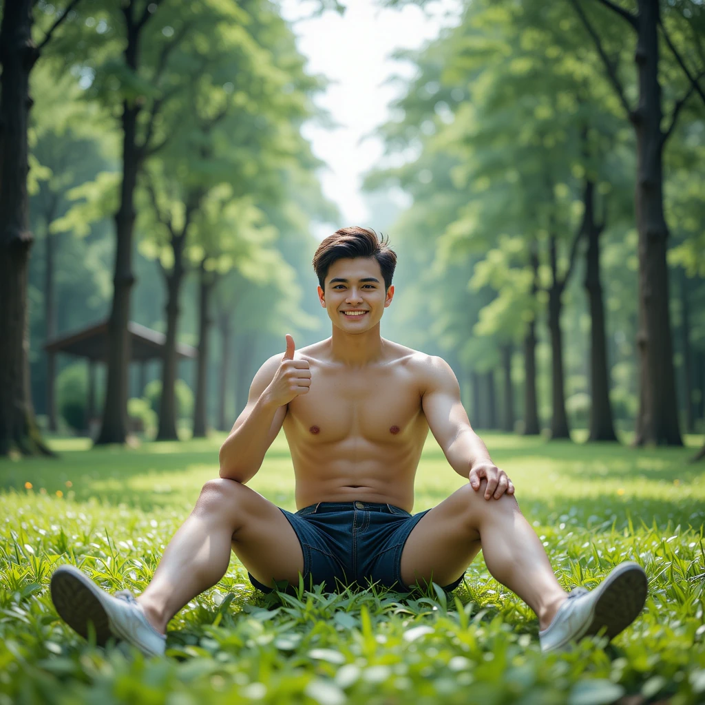 Young man sitting on grass in a peaceful green park