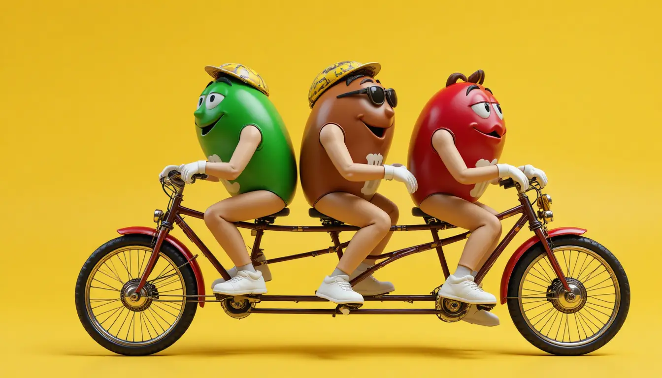 Three m and m characters riding a triple tandem bicycle