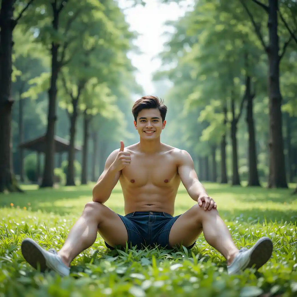 Young man sitting on grass in a peaceful green park