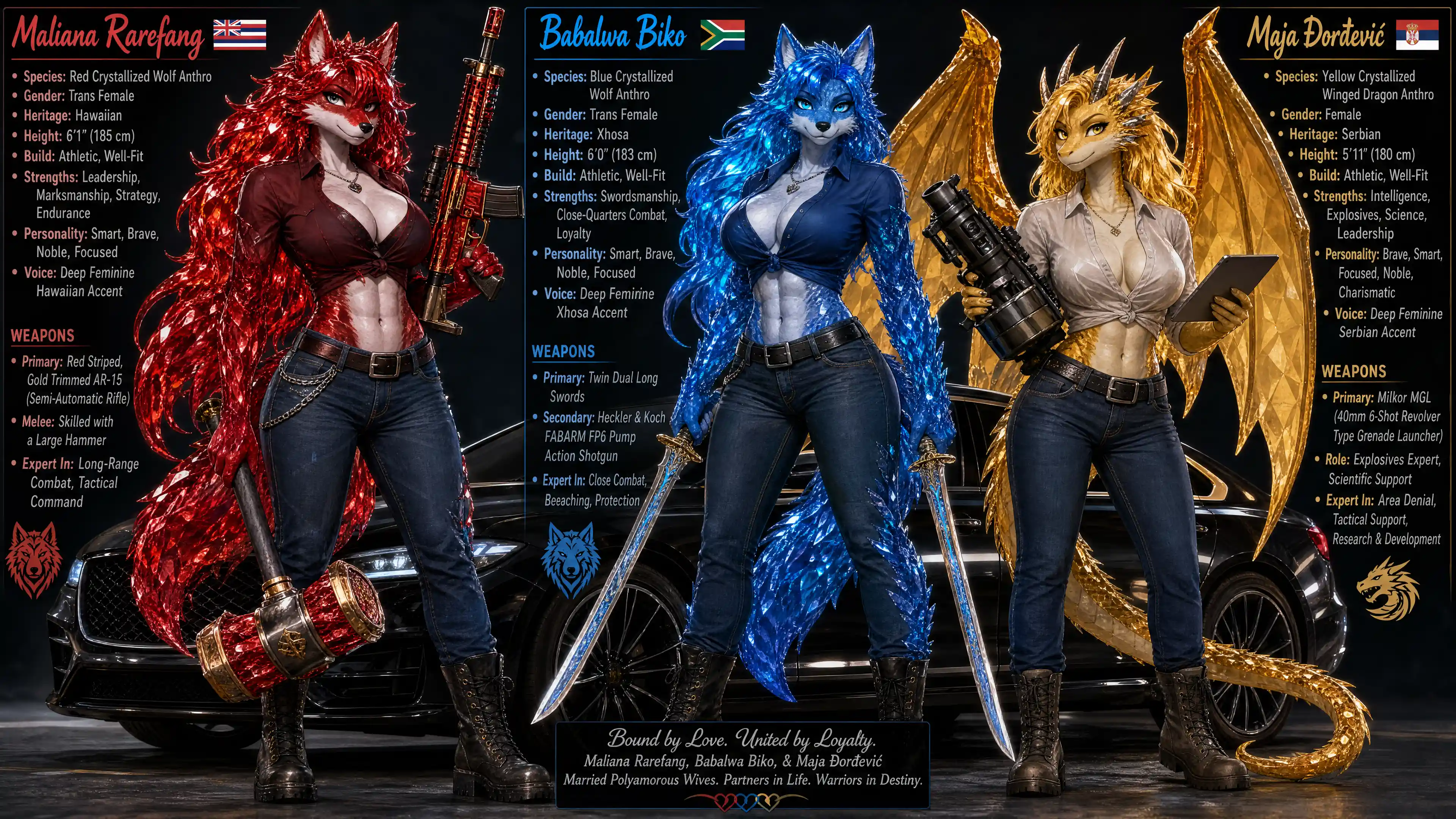 Crystallized Hawaiian wolf warrior woman with rifle and hammer