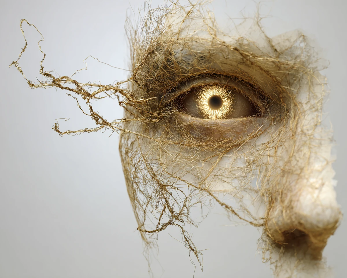 Surreal fragmented face woven from gold filaments and threads