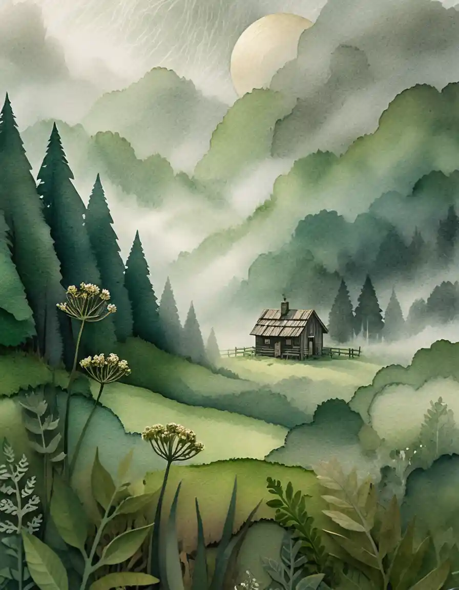 Small wooden cabin in foggy green meadow illustration