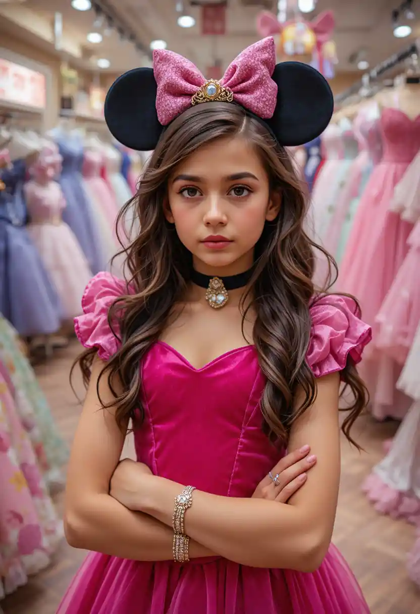 Young boy in pink Minnie dress posing nervously indoors