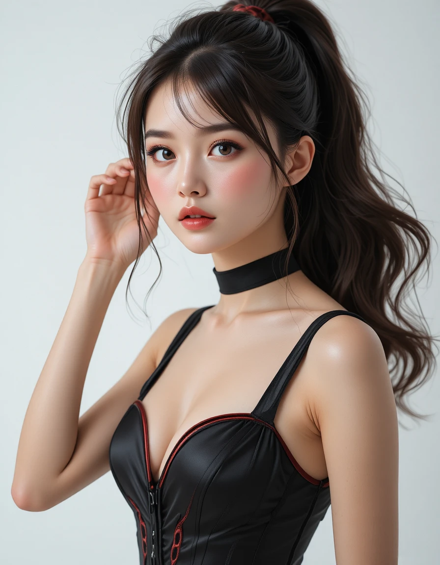 Japanese woman walking in black satin mini dress