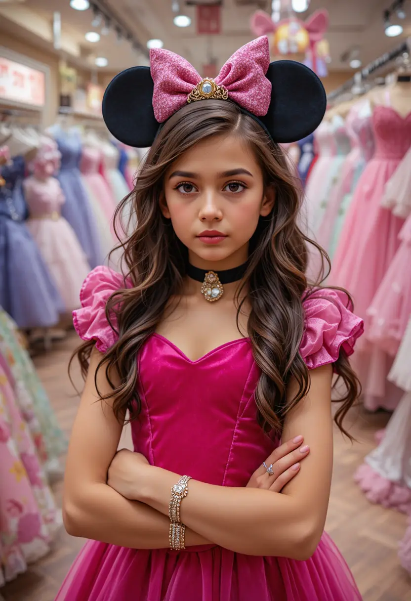 Young boy in pink Minnie dress posing nervously indoors