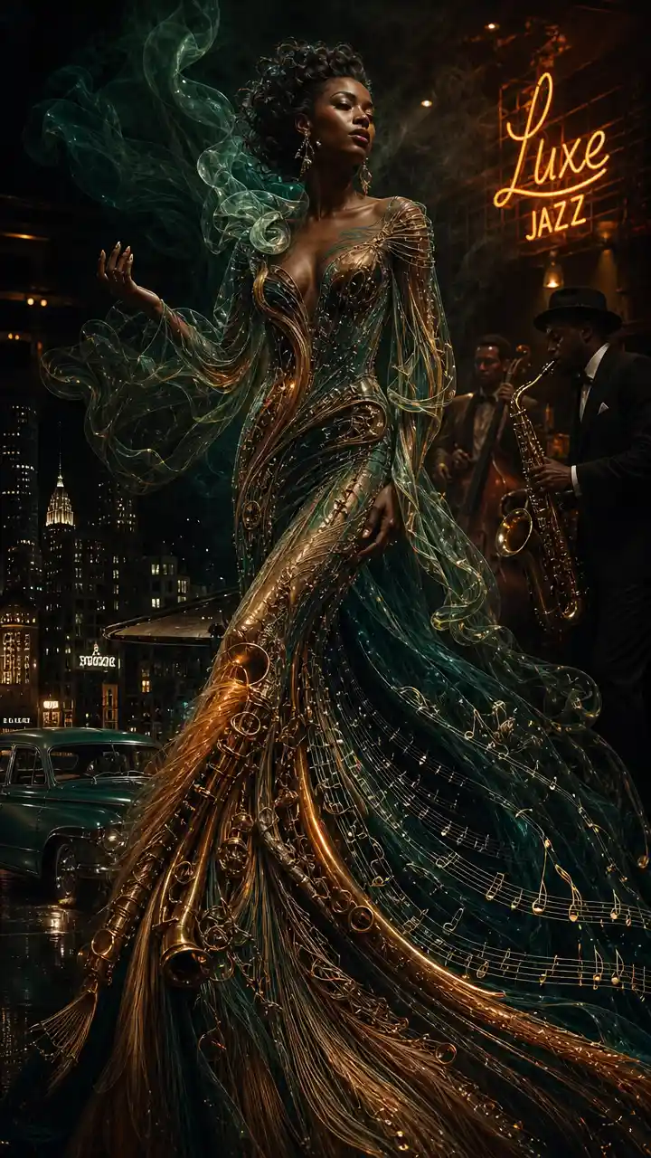 Art deco couture dress transforming from jazz instruments