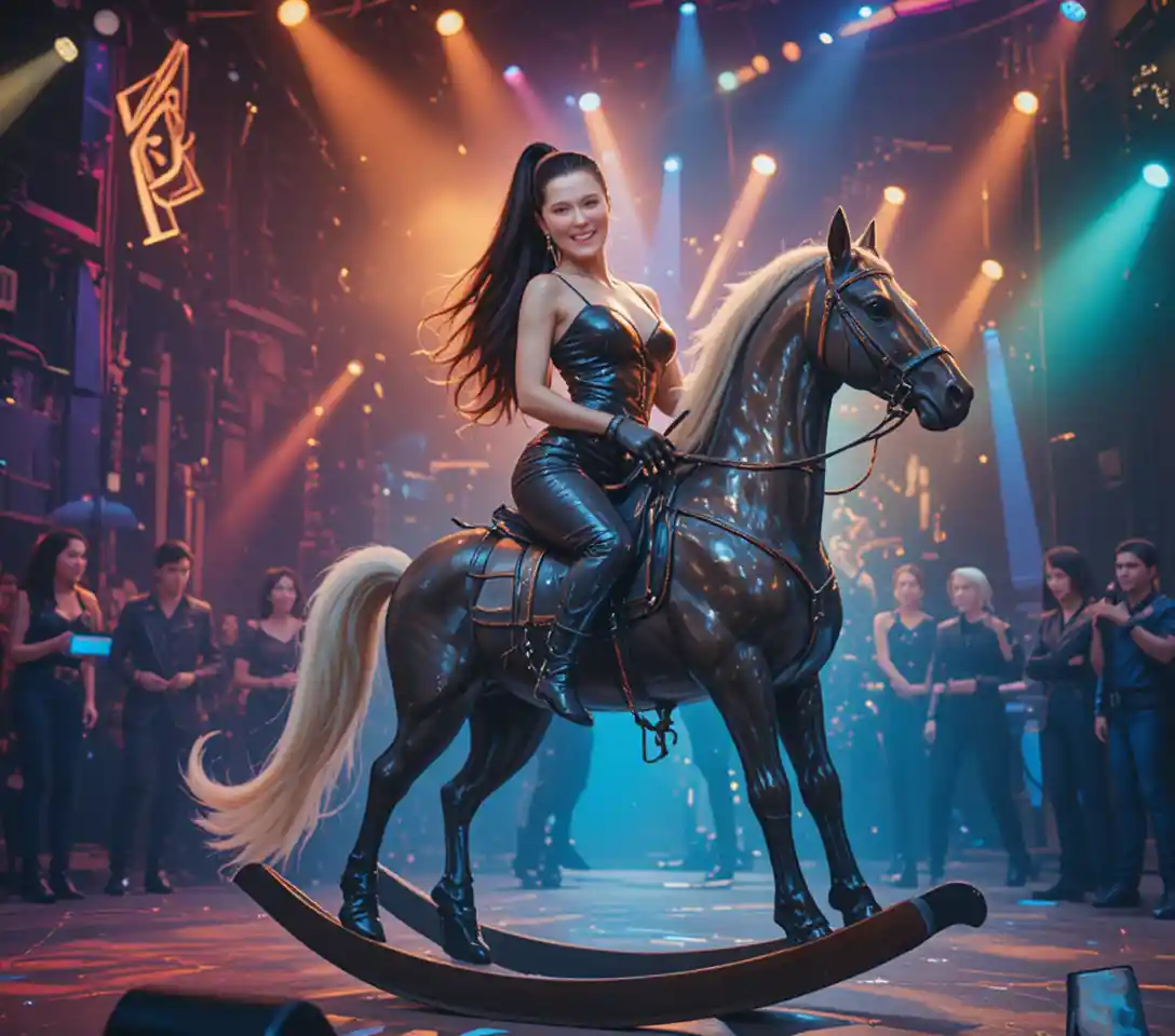 Girls riding a rocking horse on a bright stage