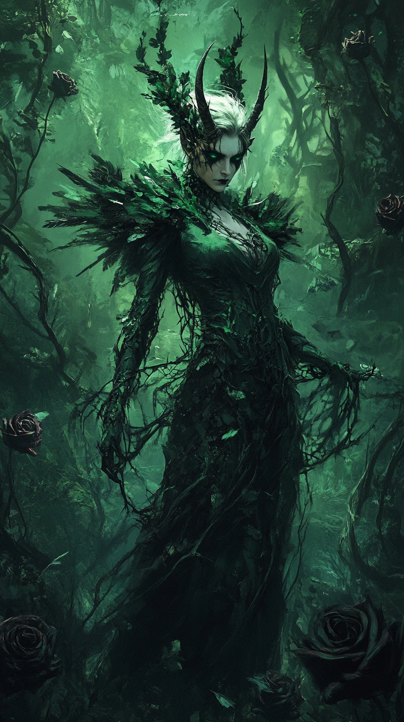 Dark fairy queen in horns ruling an enchanted thorn forest