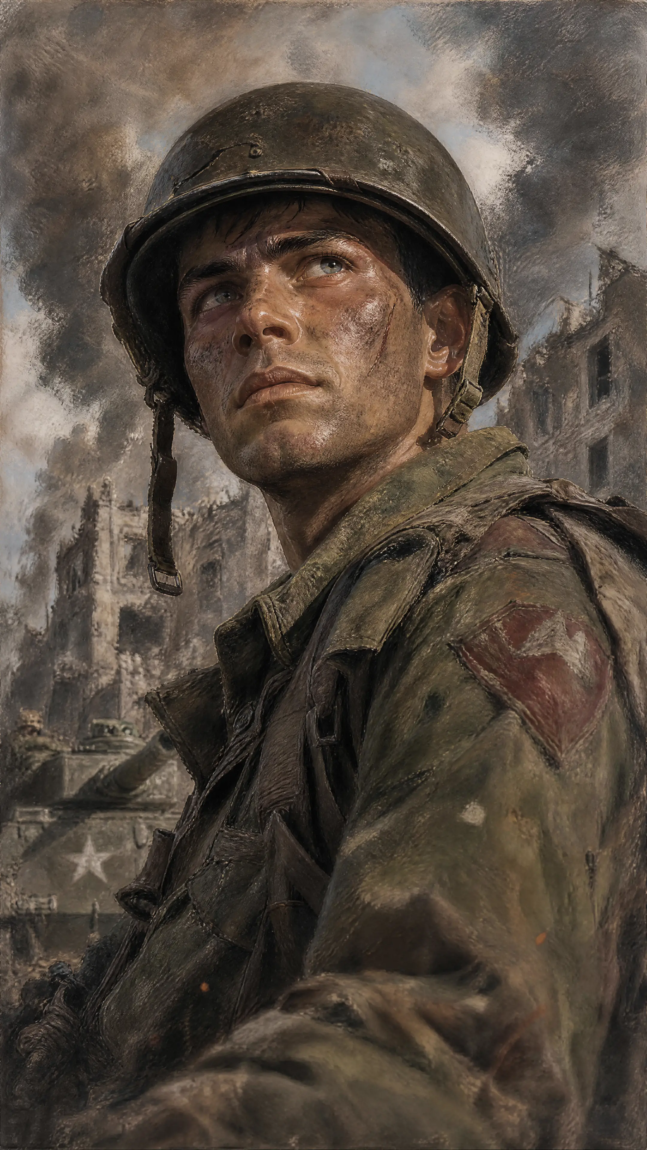 Pastel portrait of a World War II soldier in helmet