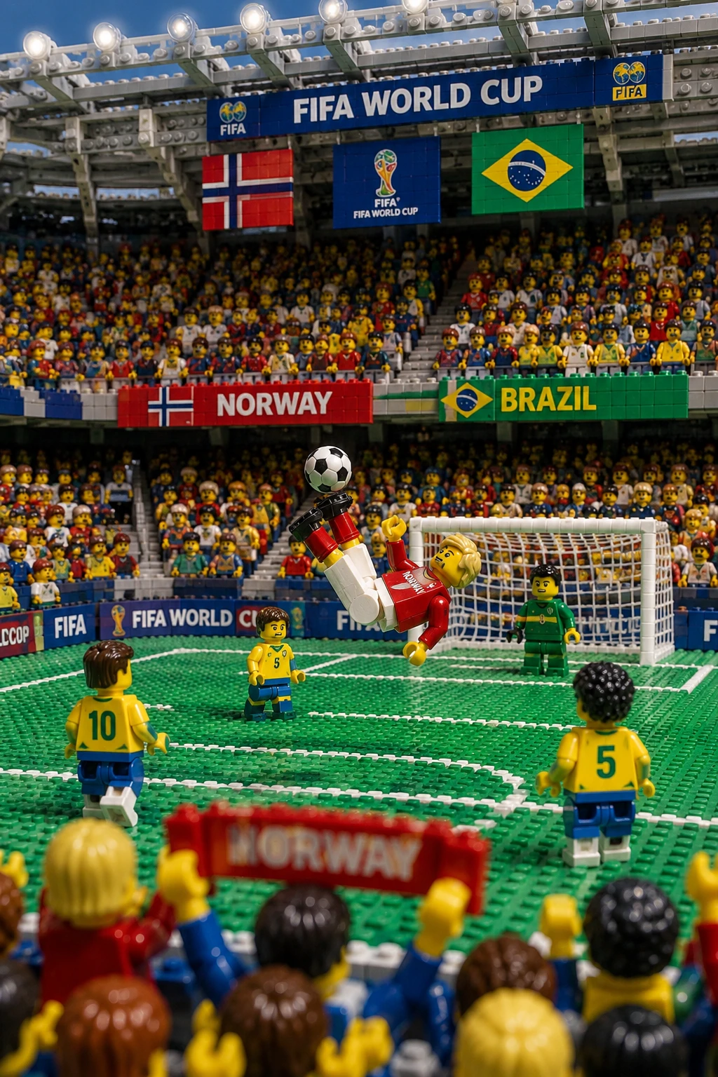 Lego football stadium with Norway and Brazil match action