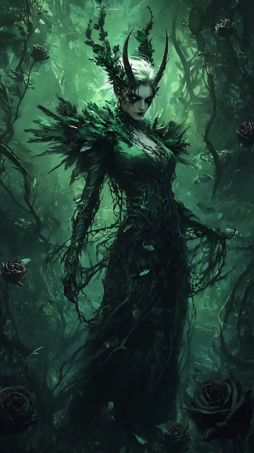 Dark fairy queen in horns ruling an enchanted thorn forest