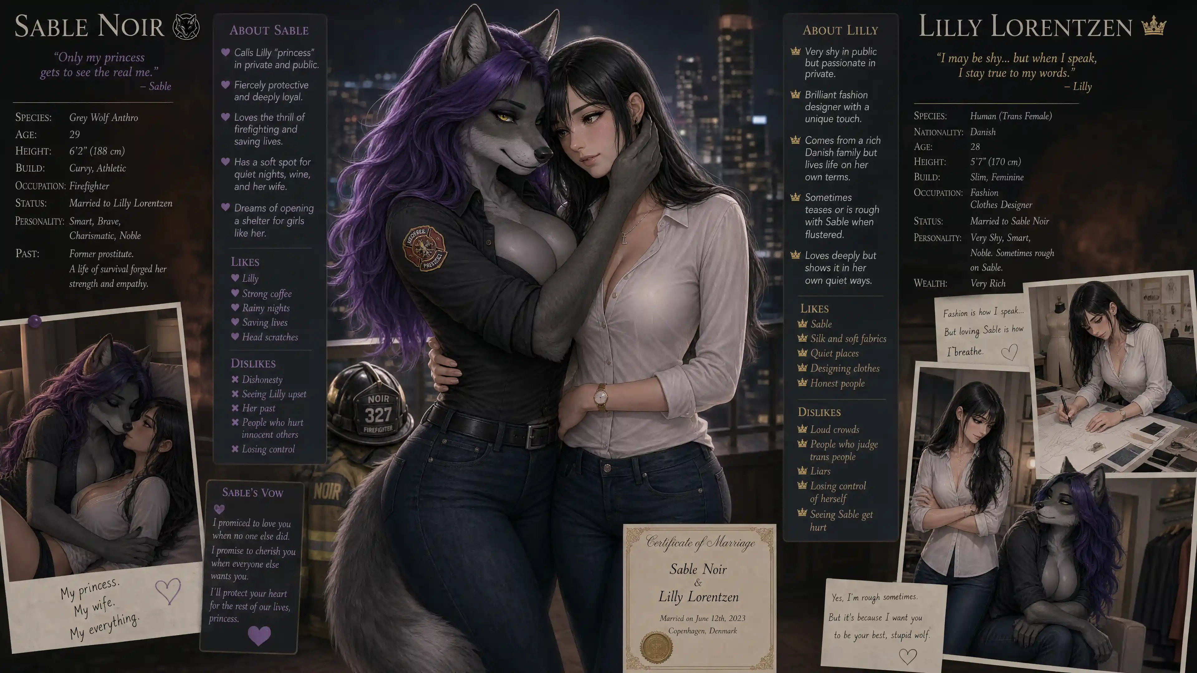 Purple haired wolf anthro woman in casual jeans outfit