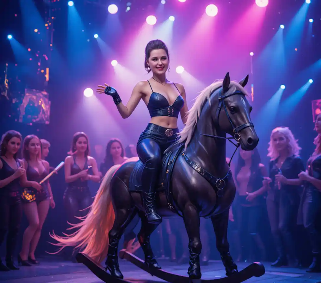 Girl riding a wooden rocking horse on a bright stage