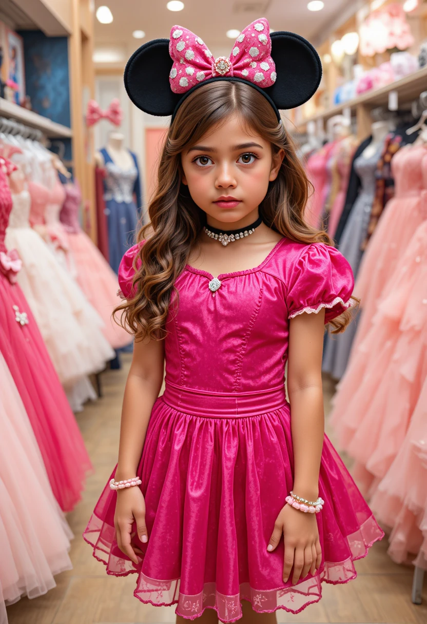 Nervous boy in pink Minnie dress posing in boutique