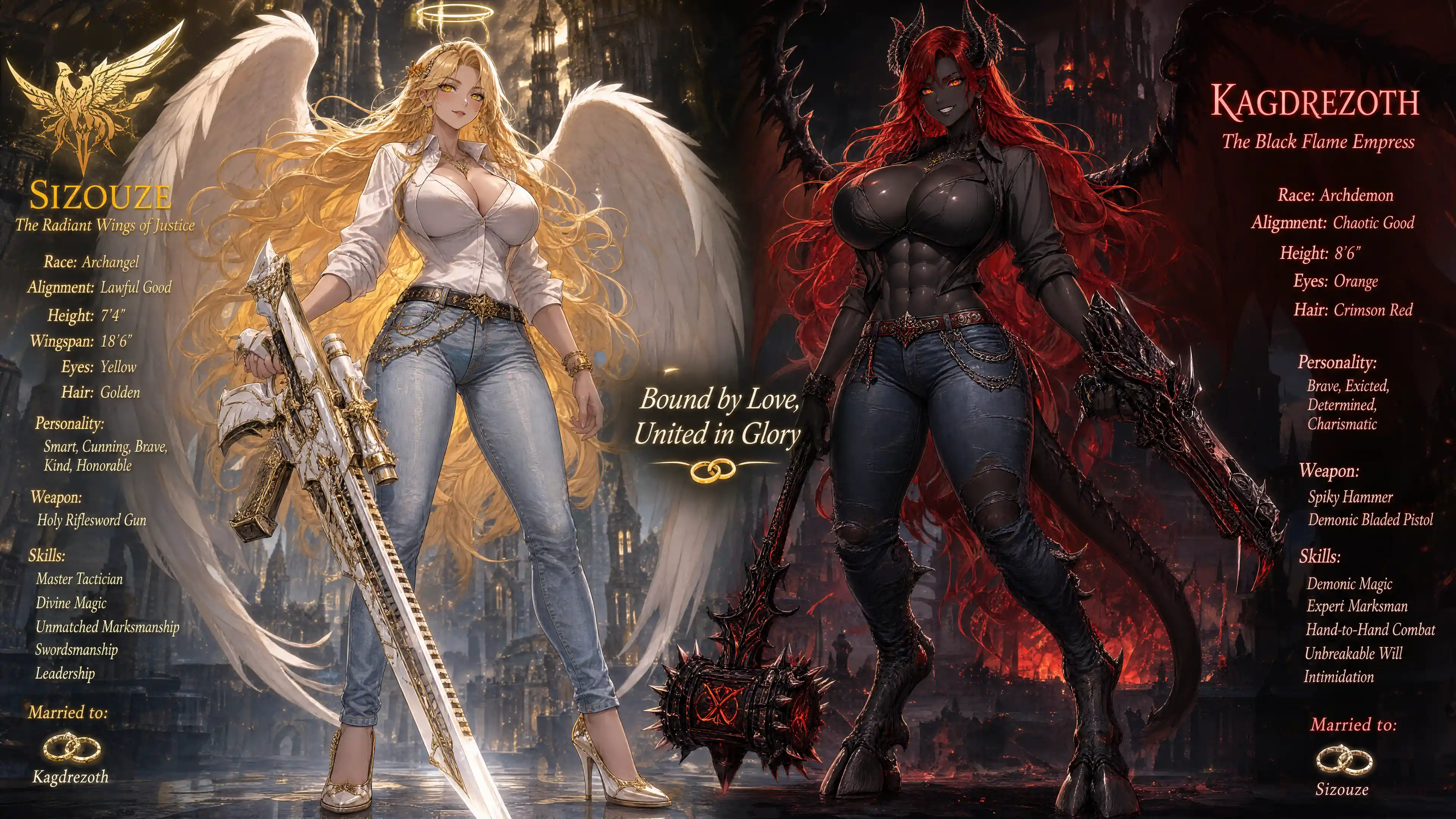 Winged archangel woman with holy riflesword gun in jeans