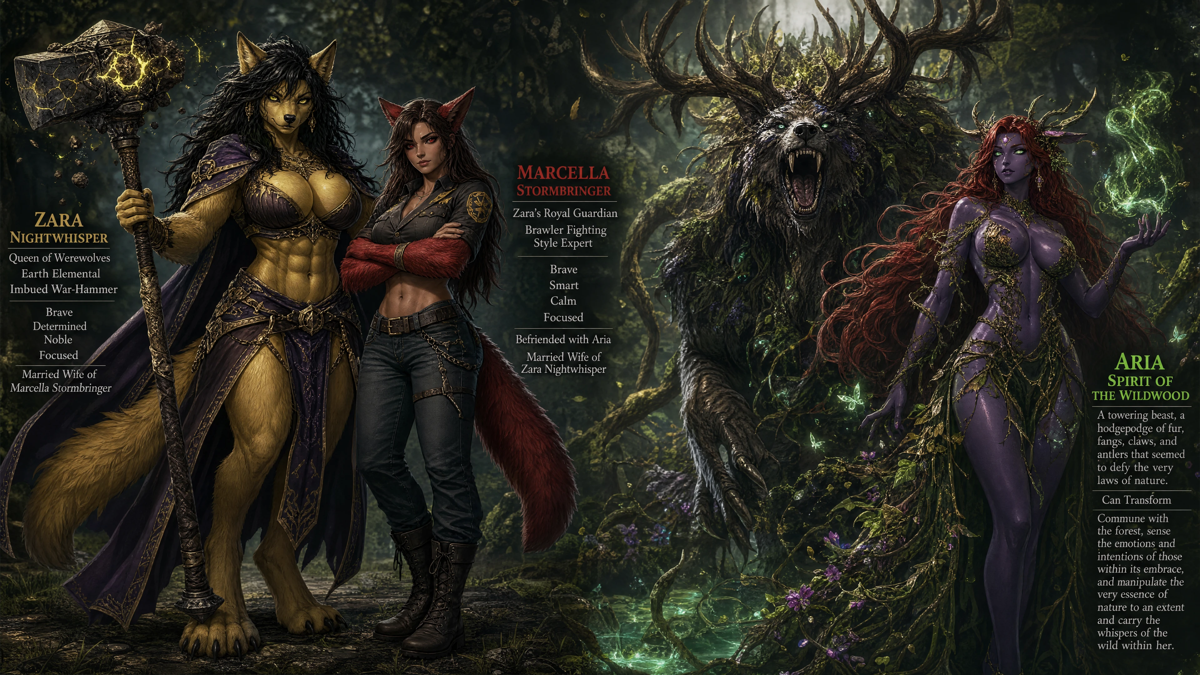 Regal werewolf queen wielding an earth infused war hammer