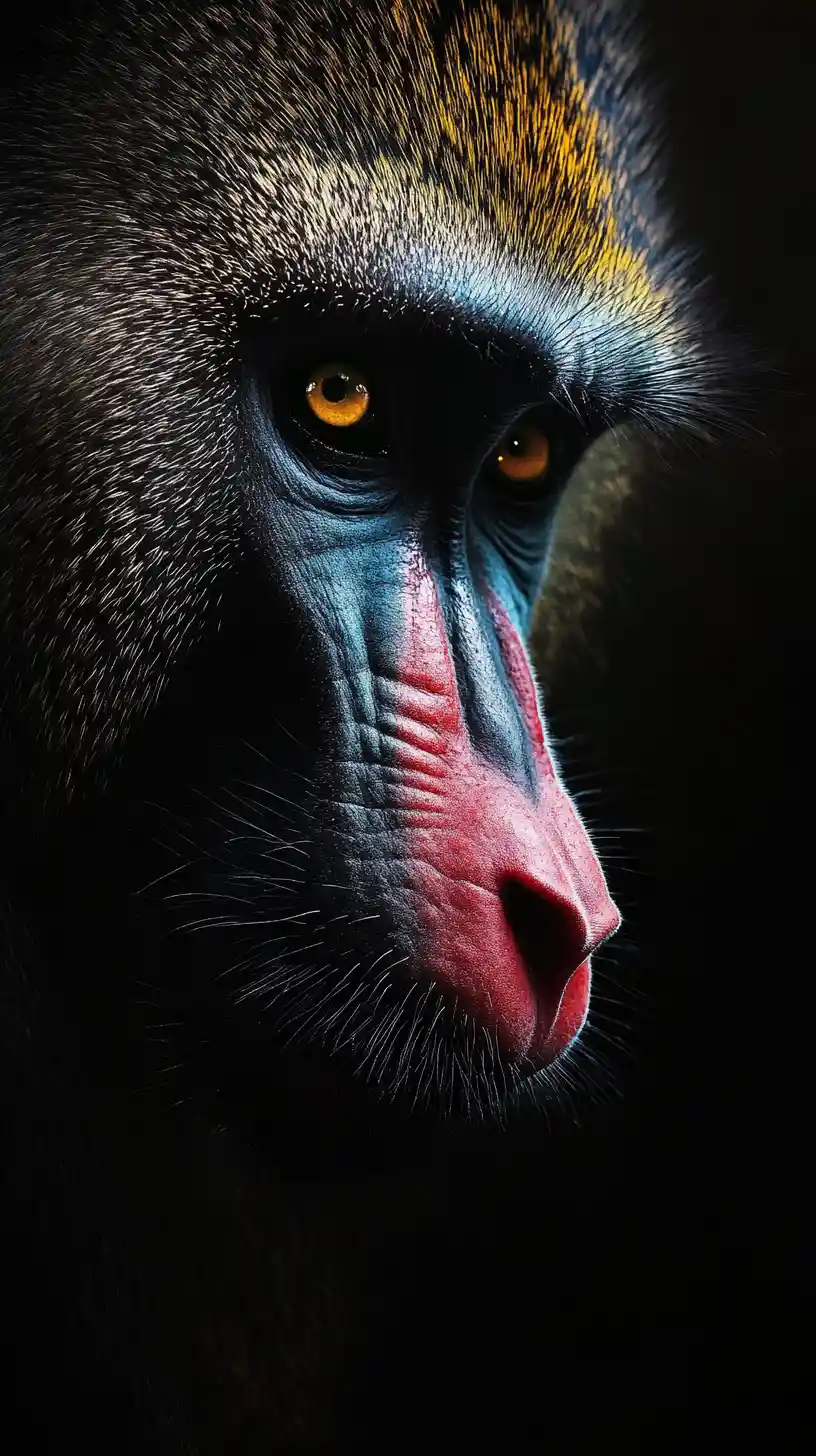 Mandrill Emerging From Deep Shadow With Quiet Authority
