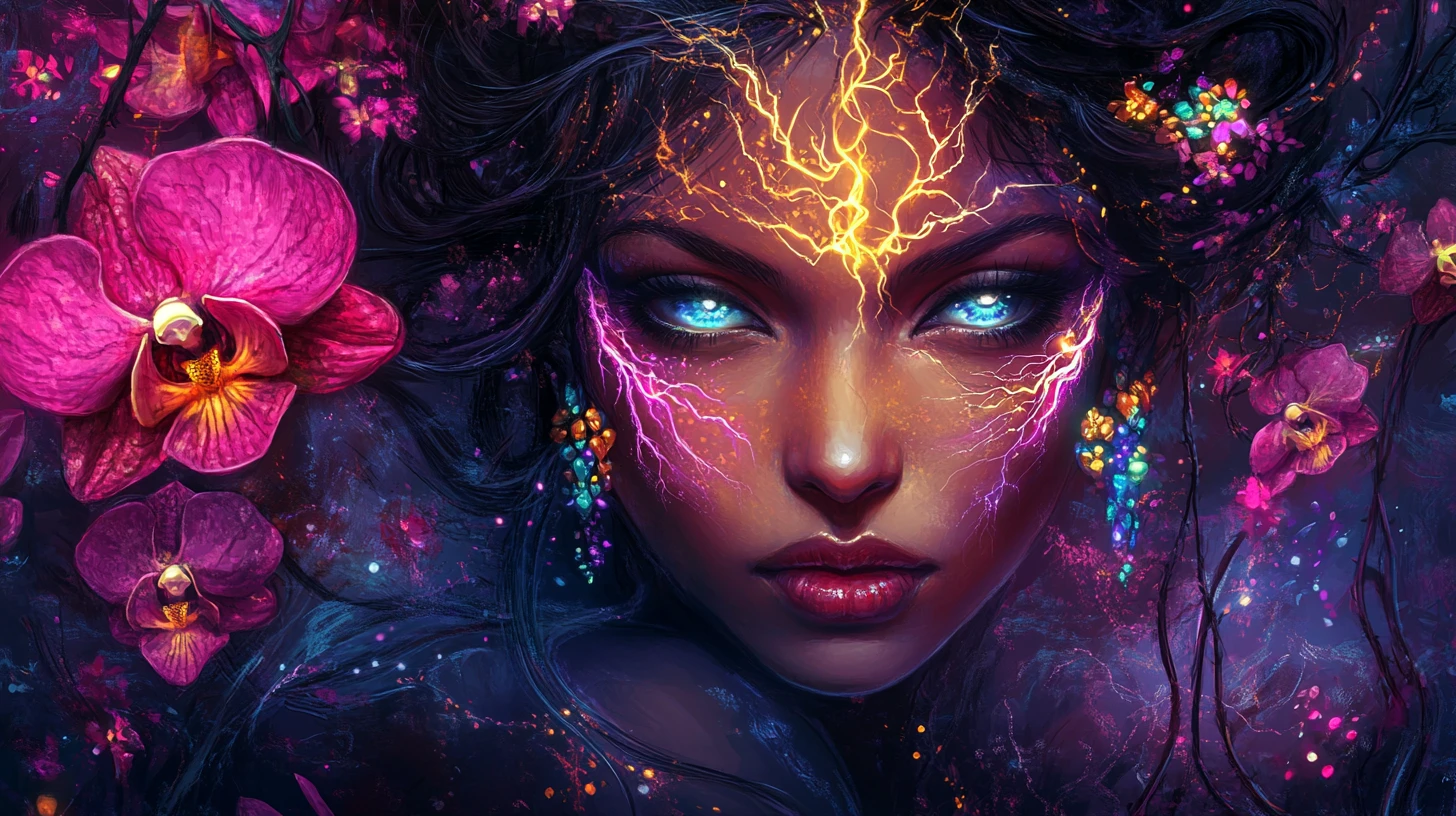South Asian fairy woman glowing within a dark orchid garden