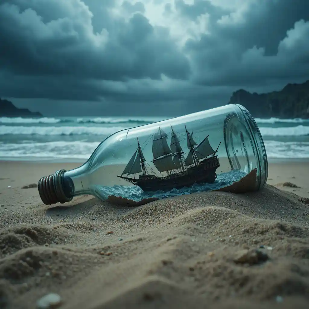 Pirate ship in a bottle on a dark stormy beach
