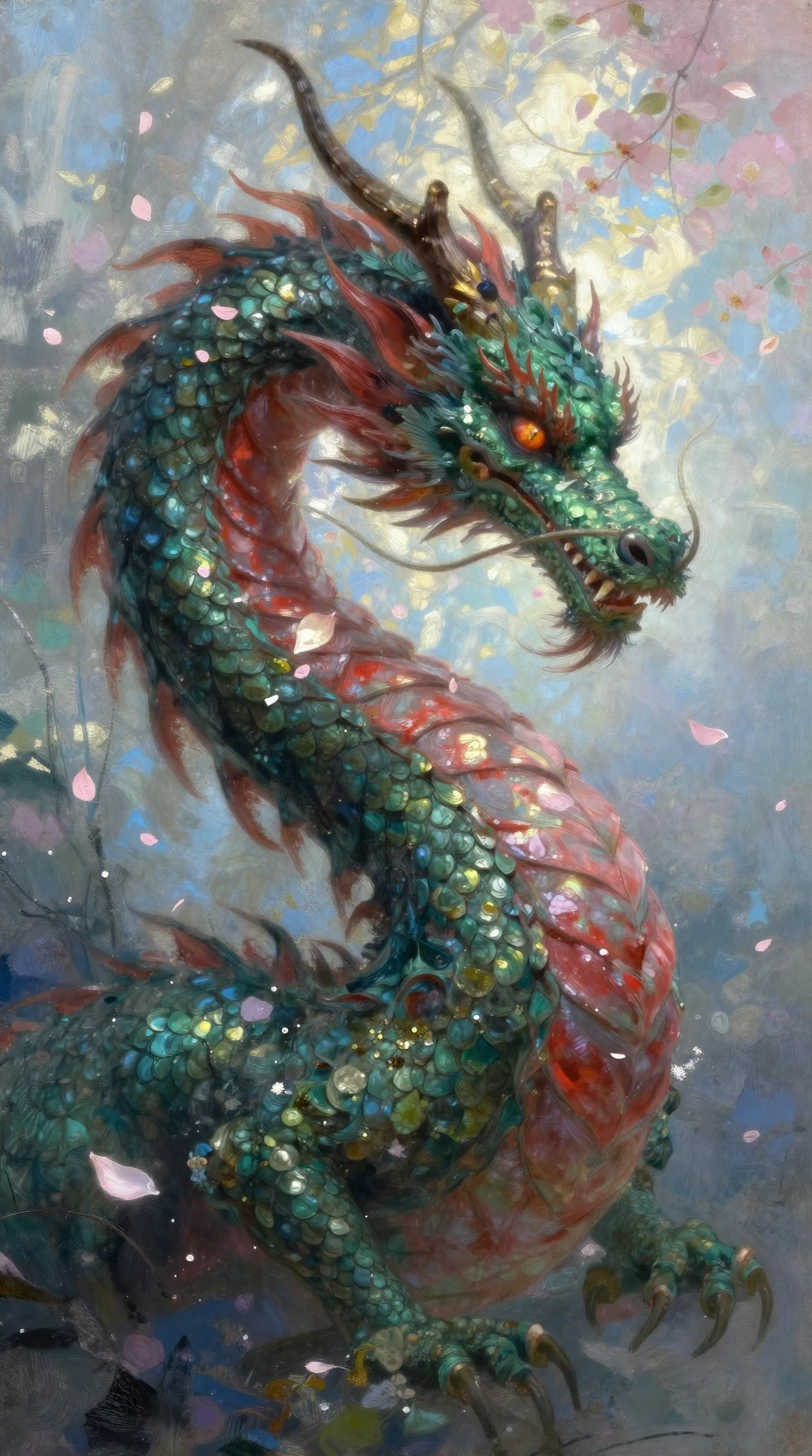 Whimsical springtime dragon in moody botanical fantasy scene