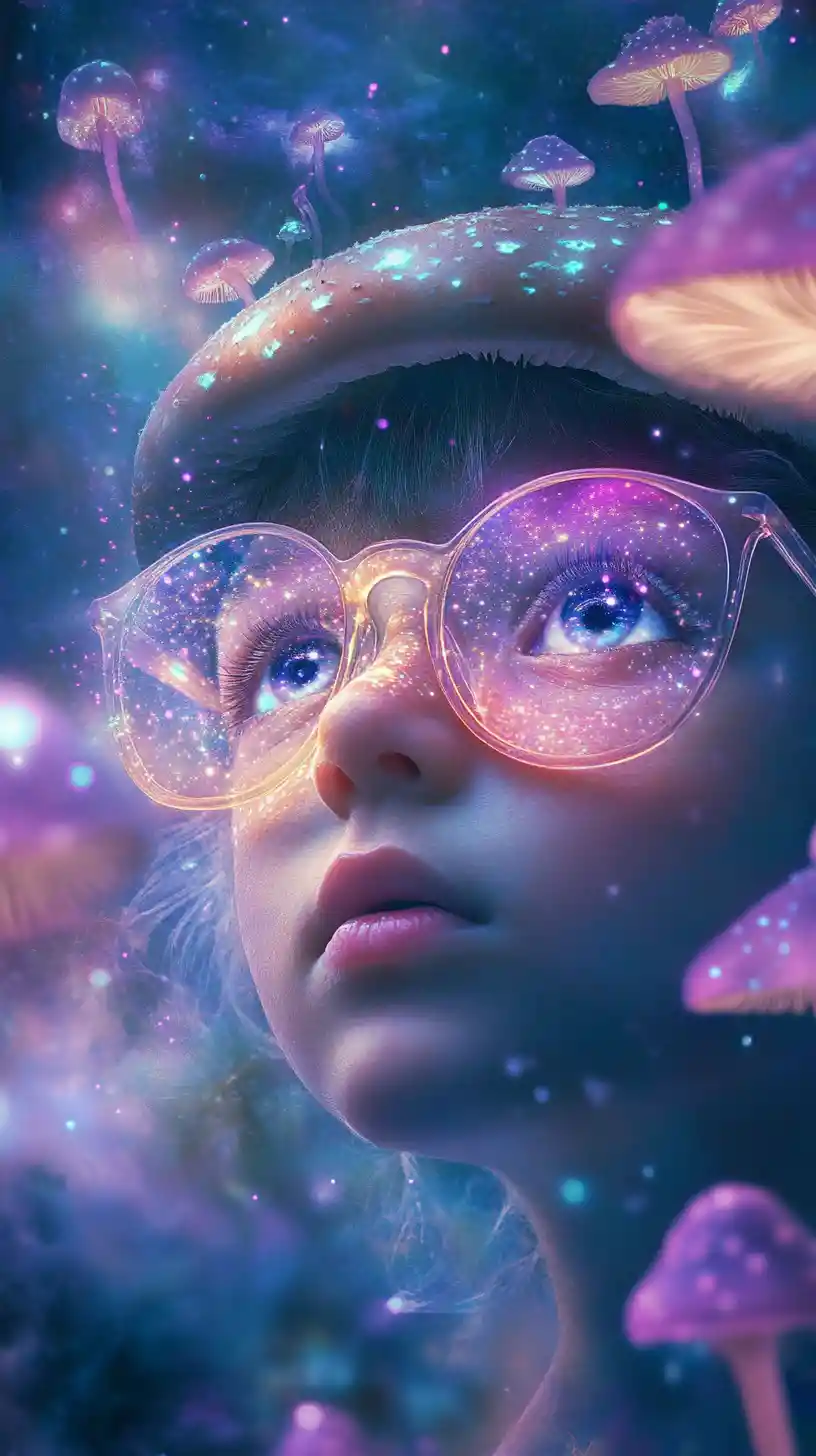 Enfant aux grands yeux avec des champignons lumineux dans une forêt fantastique