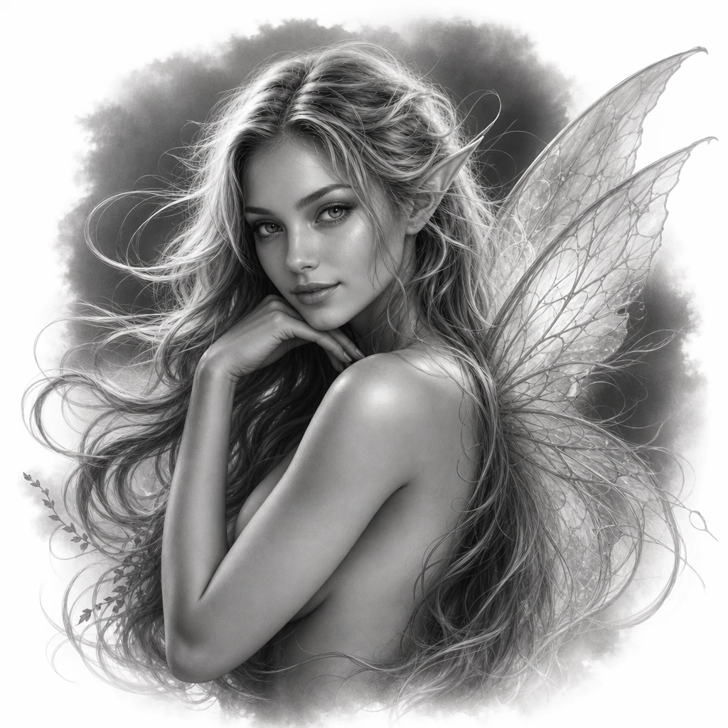 Serene fairy woman in monochrome digital portrait