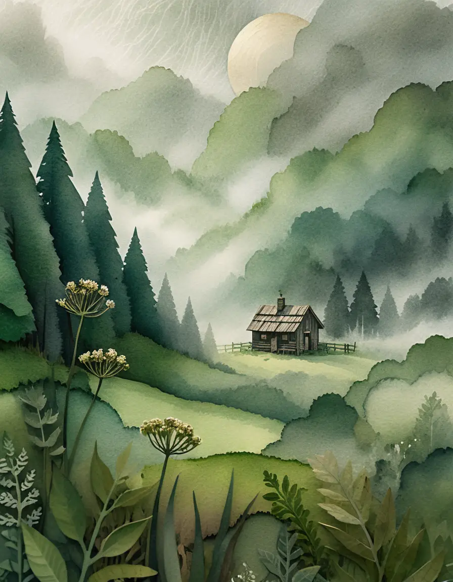 Illustrazione di una piccola casetta di legno in un prato verde nebbioso