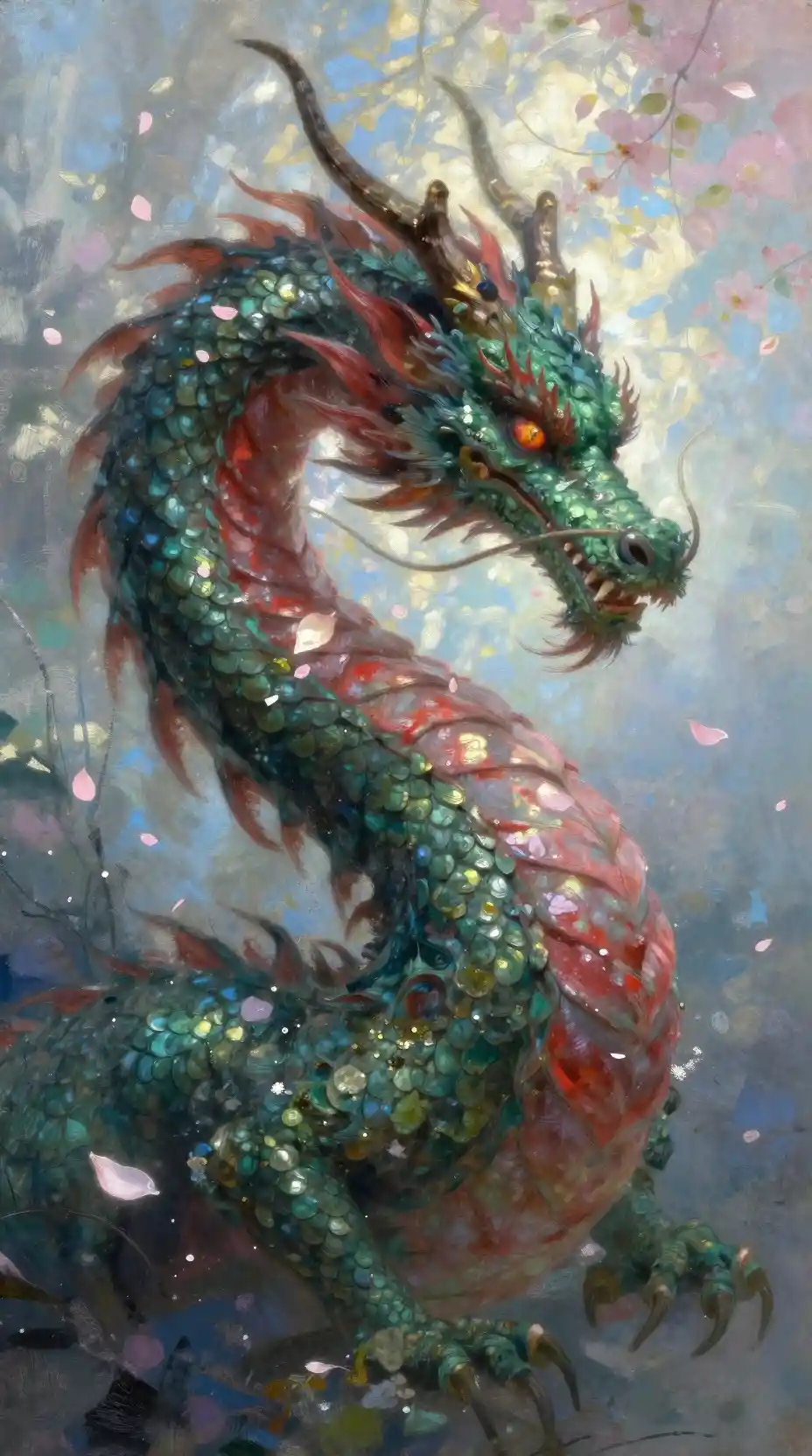 Whimsical springtime dragon in moody botanical fantasy scene