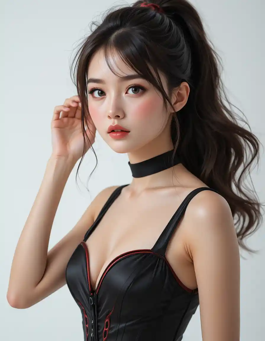 Japanese woman walking in black satin mini dress