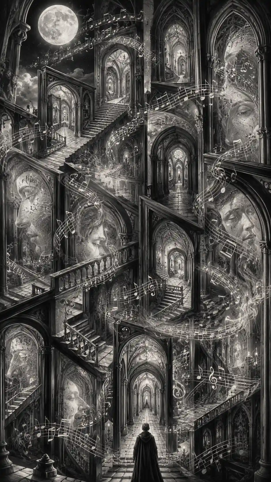 Gothic corridors twisting through an impossible moonlit cathedral maze