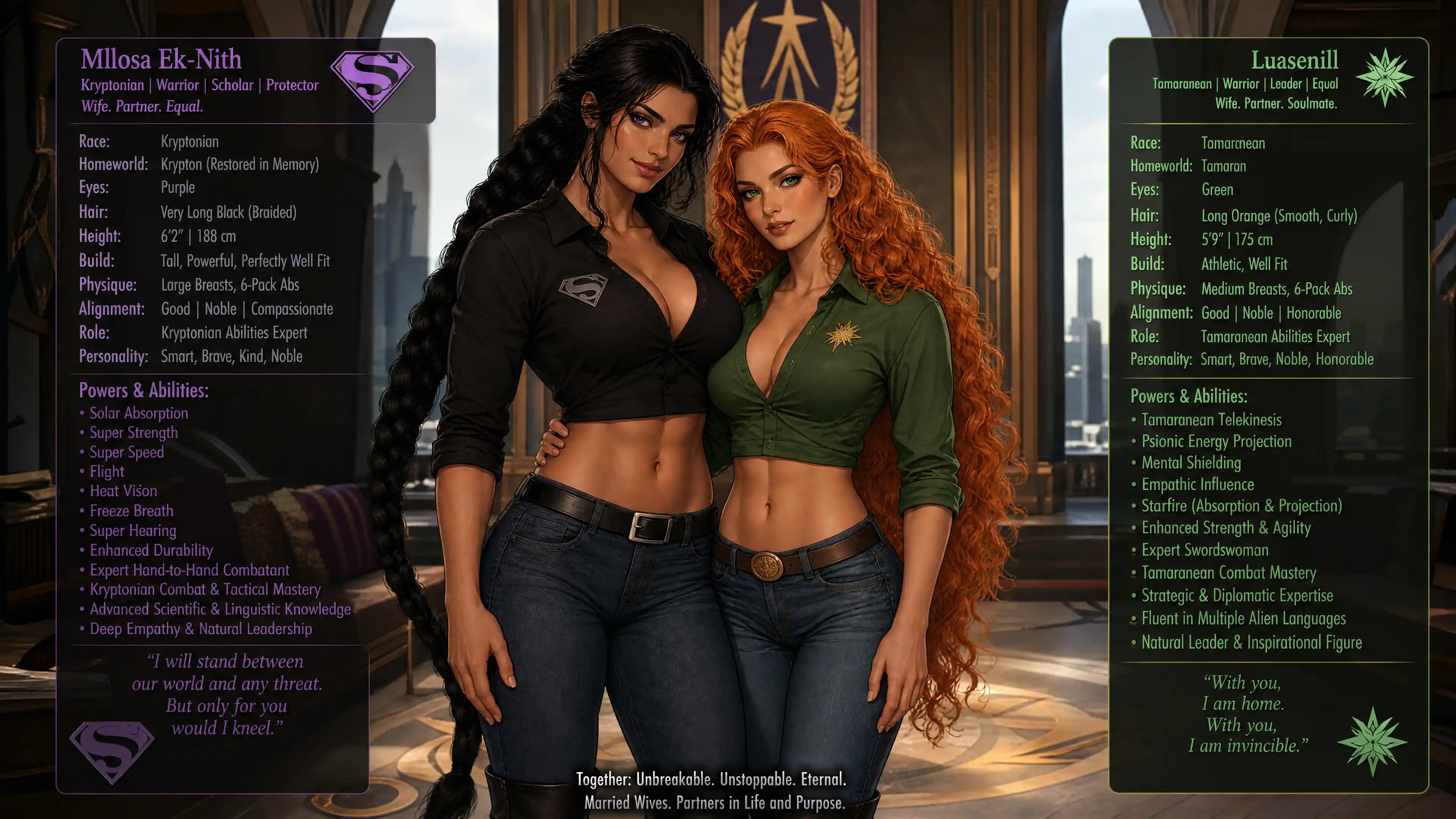 Tall fit kryptonian woman with braided hair in casual clothes