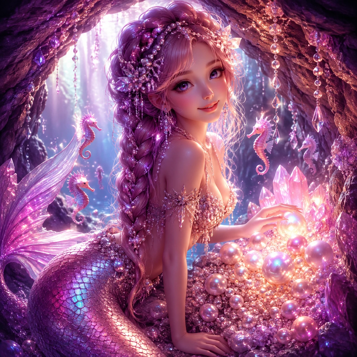 Mermaid woman discovering a glowing crystal underwater cave