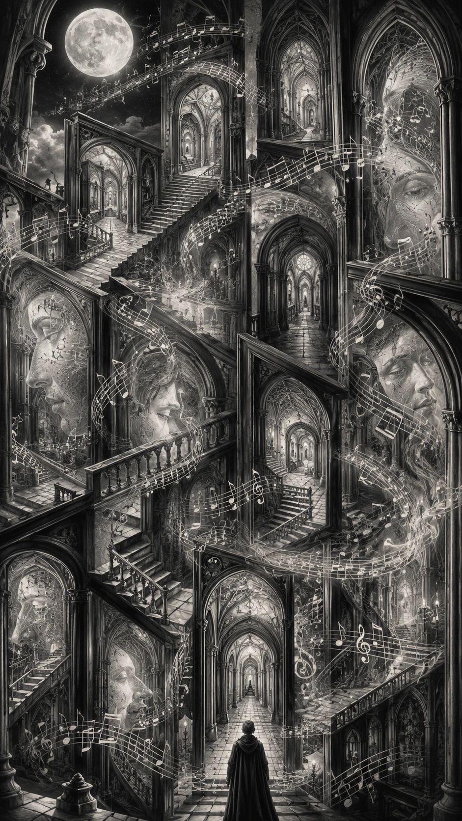 Gothic corridors twisting through an impossible moonlit cathedral maze