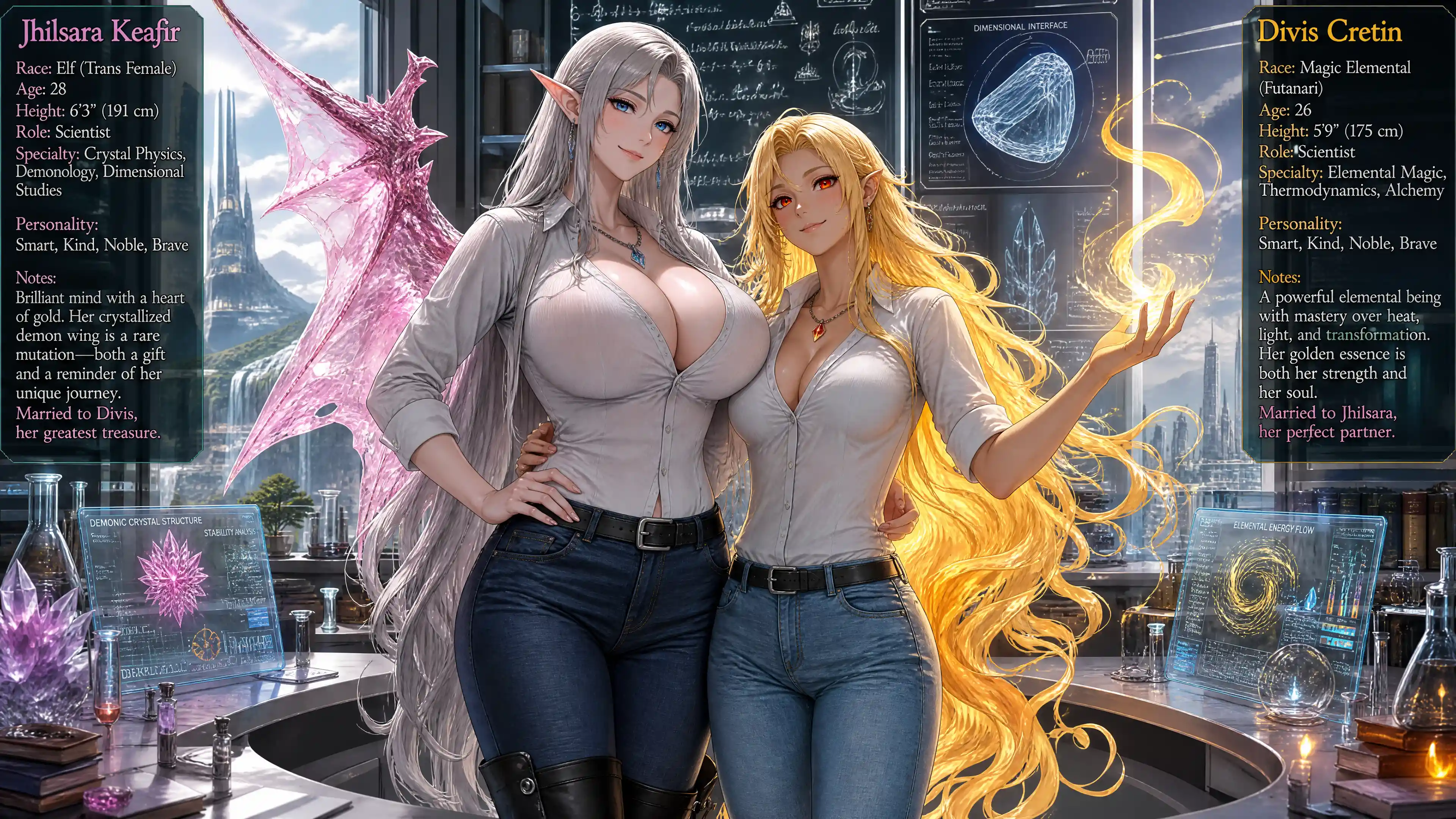 Tall fantasy elf woman with crystal demon wing