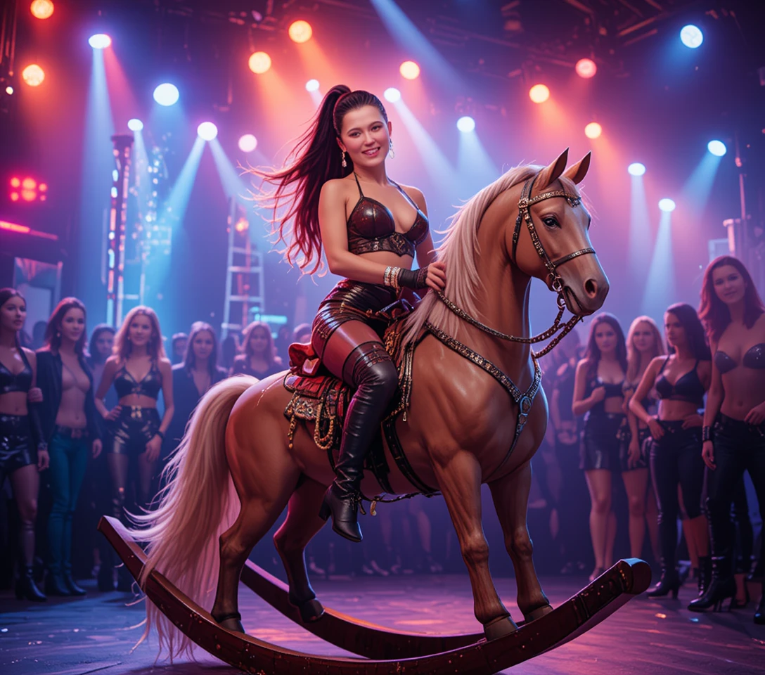 Woman riding a rocking horse on a disco stage