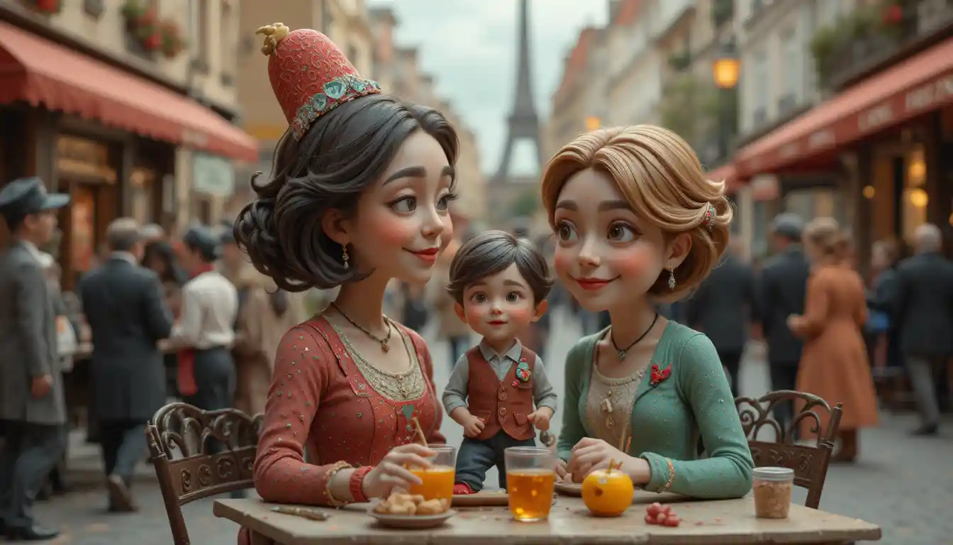 Claymation family at a colorful Paris amusement park