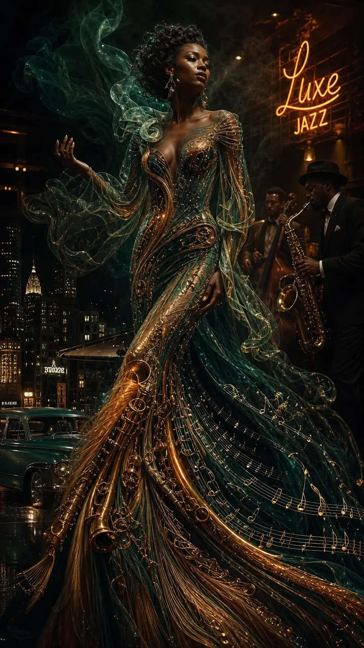 Art deco couture dress transforming from jazz instruments