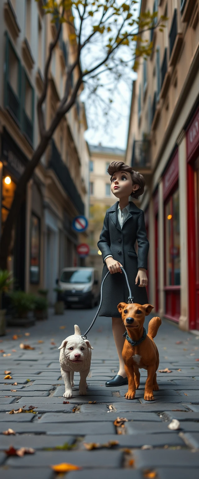 Woman walking her dog along a Paris city street