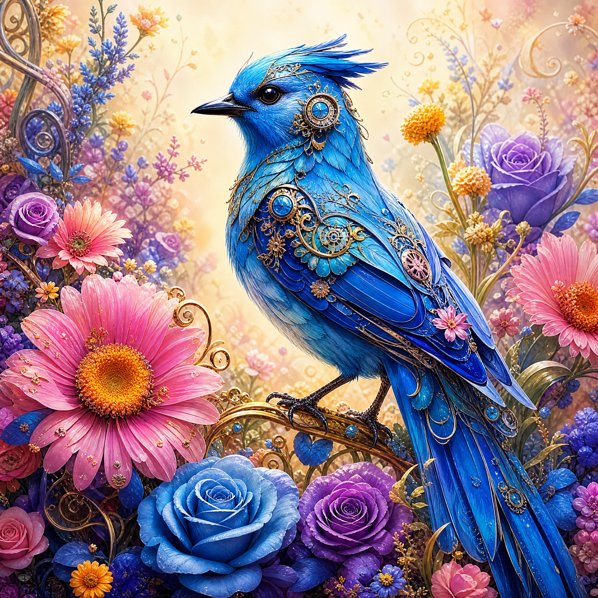 Blue fantasy bird in a lush oversized flower garden