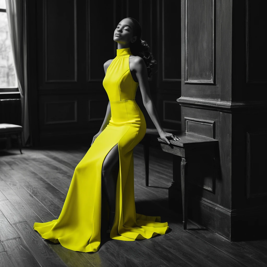 Elegant woman in neon yellow dress on wooden floor