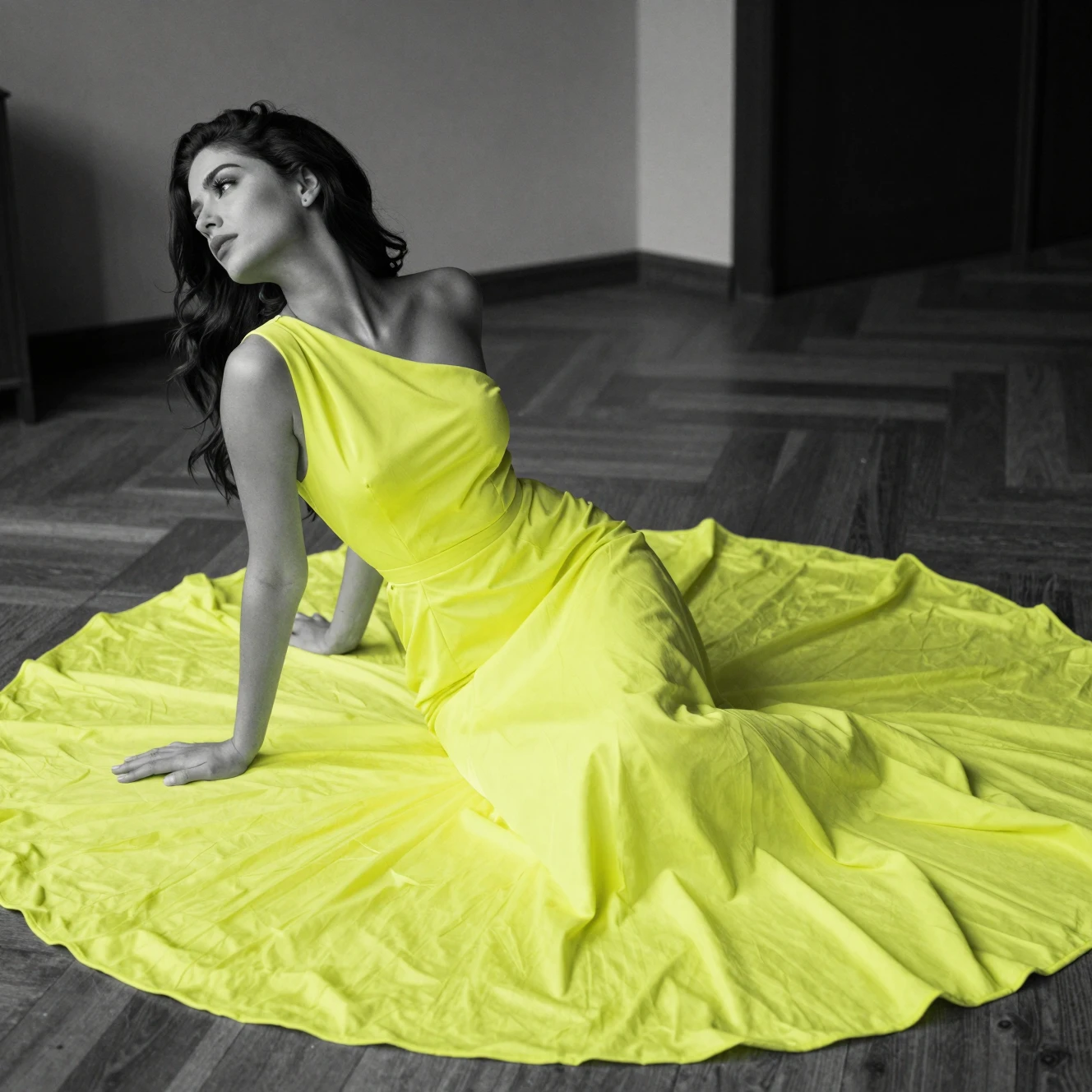 Woman in neon yellow dress on polished wooden floor